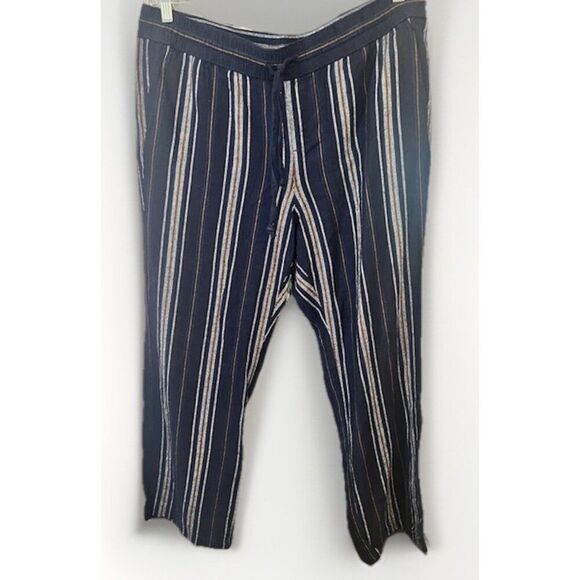 ANN TAYLOR Striped Elastic Waist Wide Leg  Pull On Pants Linen Blend L.     Z - Picture 1 of 6